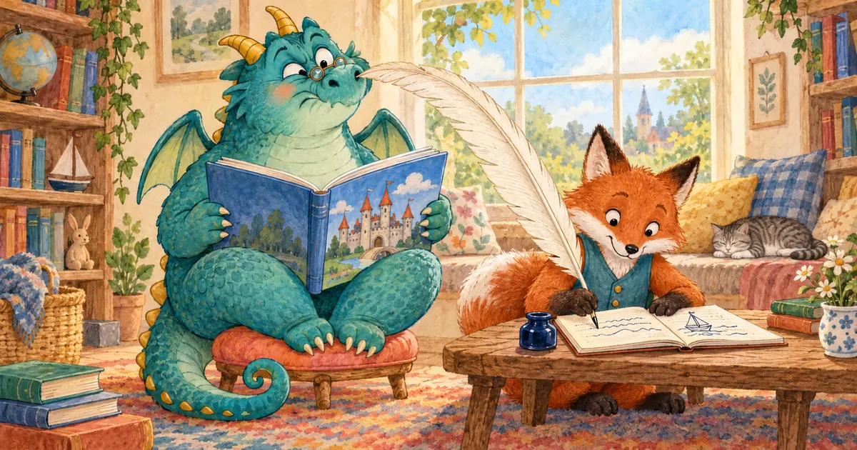 A fox writes with an enormous feather quill that tickles the nose of a teal dragon reading beside it.